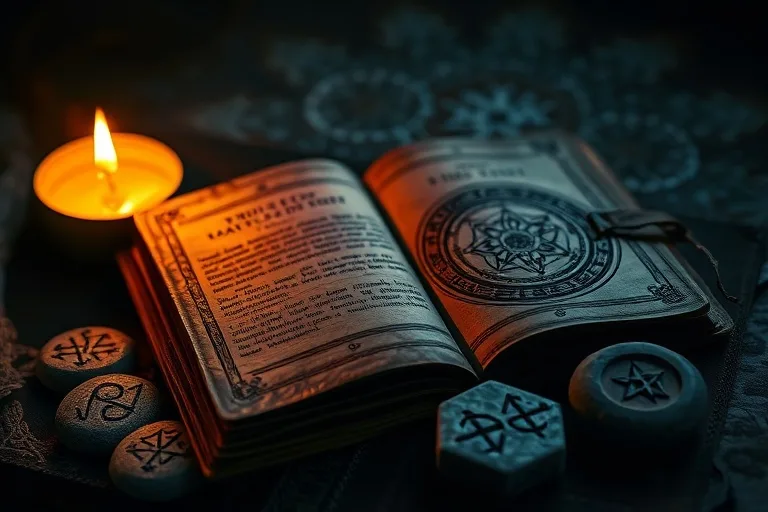 Diario antiguo con runas dibujadas y runestones pulidos a la luz de una vela