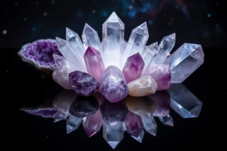 Grupo de cristales pulidos y luminosos, incluyendo amatista, cuarzo transparente y selenita, sobre una superficie oscura y reflectante, irradiando luz suave.