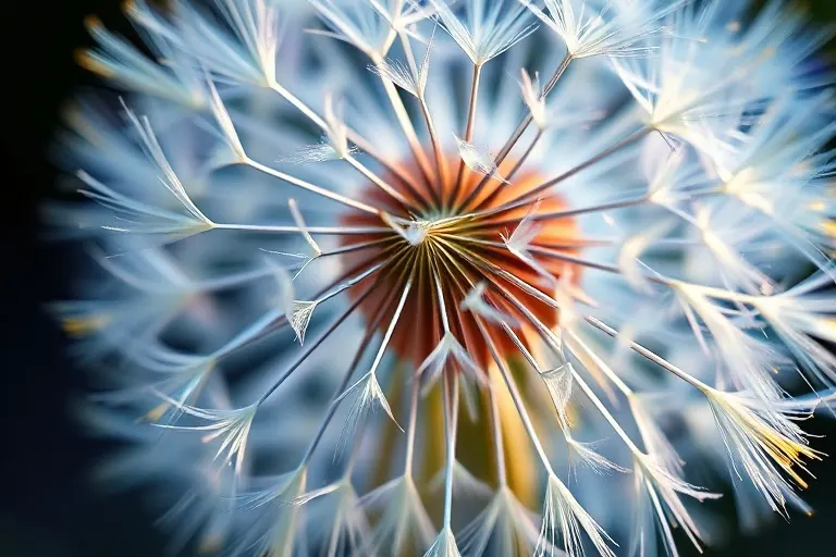 Delicada cabeza de semilla de diente de león dispersando sus semillas en un vórtice de luz iridiscente y patrones geométricos sutiles, simbolizando el desbloqueo del potencial y la transformación integral.