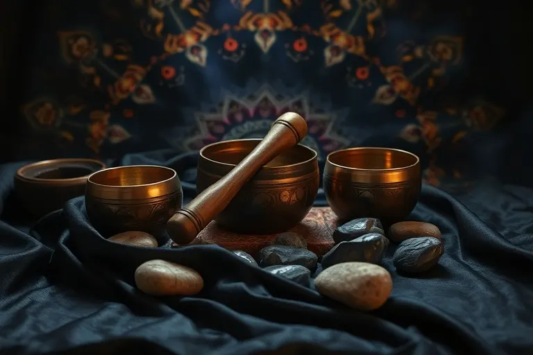Bodegón cinematográfico de herramientas de meditación antiguas, incluyendo un mazo de madera y piedras de río, sobre una tela de seda oscura.