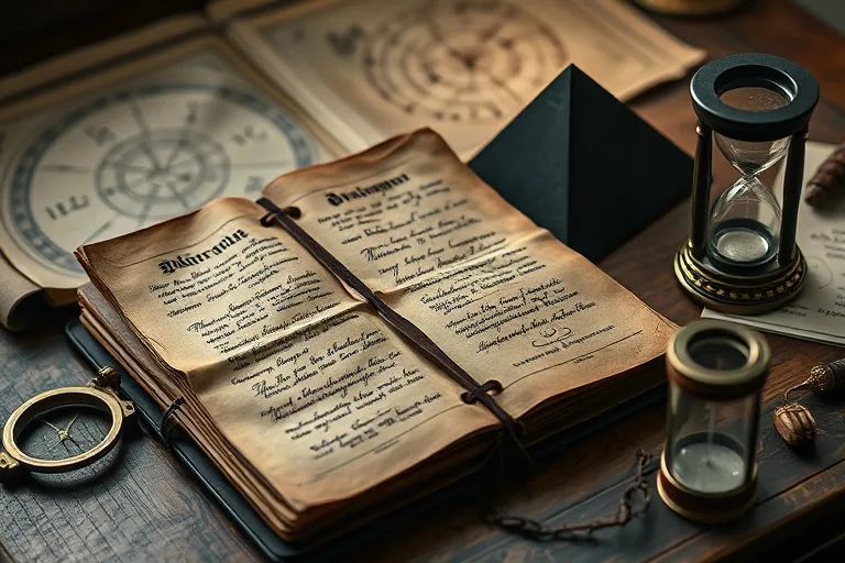 Diario antiguo y pirámide de piedra sobre escritorio