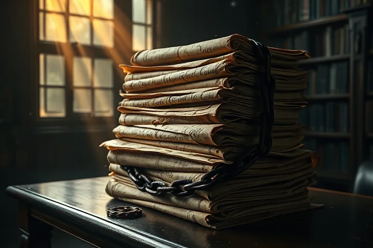 Pila de pergaminos antiguos con cadena oxidada en biblioteca
