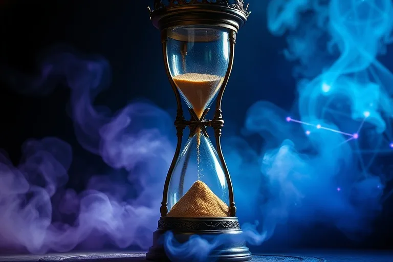 Reloj de arena con arena fluyendo hacia arriba y bruma etérea