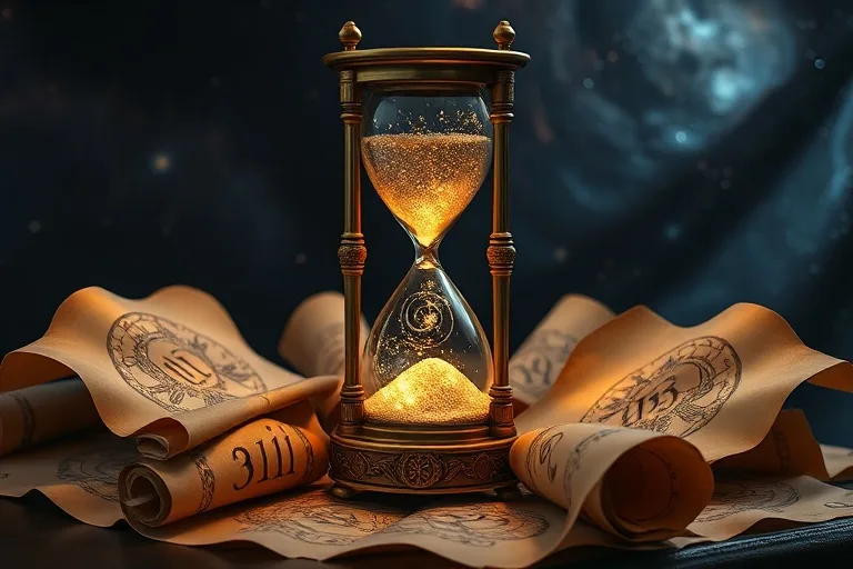 Reloj de arena antiguo con números y pergaminos, simbolizando el paso del tiempo y la sabiduría oculta.
