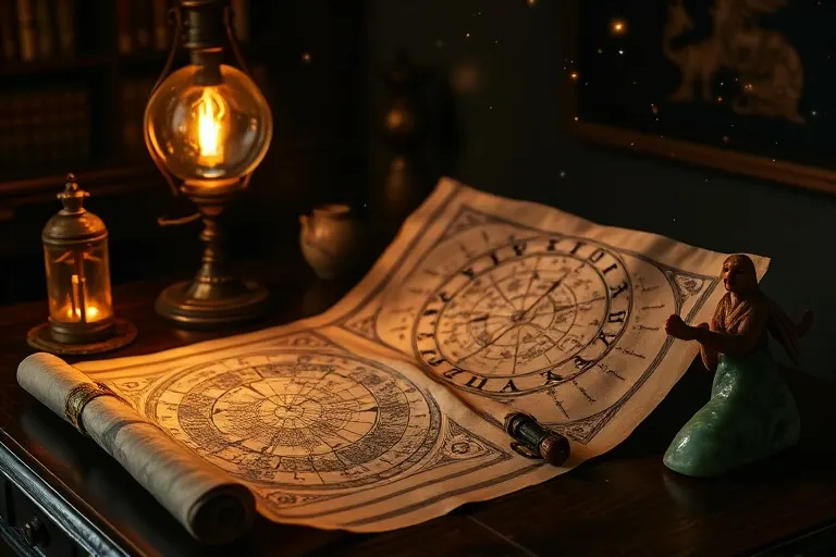 Fotografía cinematográfica de pergaminos antiguos y mapas detallados, iluminados por una lámpara de aceite sobre un escritorio de madera oscura, con jade y una brújula.