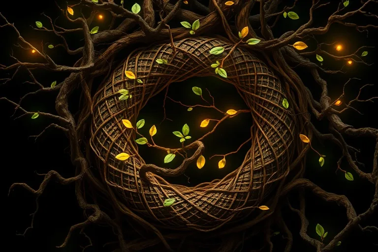Arte conceptual de raíces y ramas entrelazadas formando patrones complejos, con hojas luminosas emergiendo, simbolizando crecimiento y renovación.