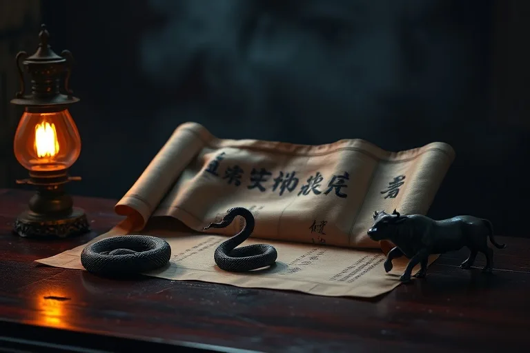 Fotografía cinematográfica de bodegón con pergaminos chinos antiguos, una serpiente y un buey representados, junto a una lámpara de aceite sobre una mesa de madera oscura.