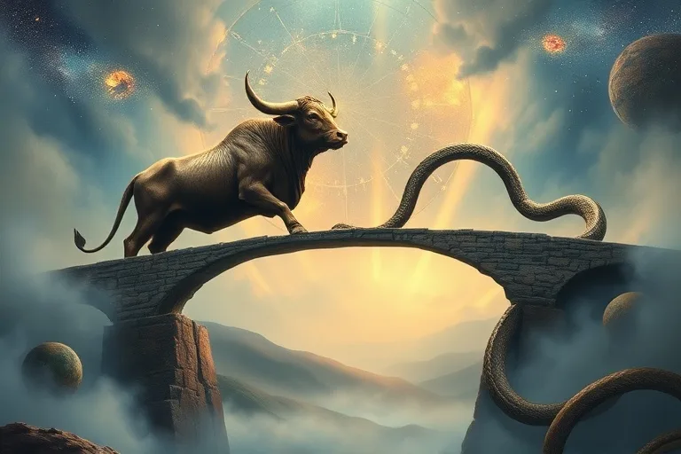 Pintura al óleo de un puente simbólico que combina elementos de serpiente y buey, sobre un paisaje brumoso, representando la conexión y la superación de diferencias.