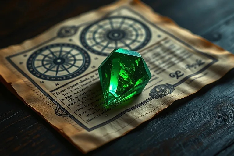 Fotografía macro de pergaminos antiguos y un cristal esmeralda en un escritorio de madera, evocando la sabiduría de la Serpiente.