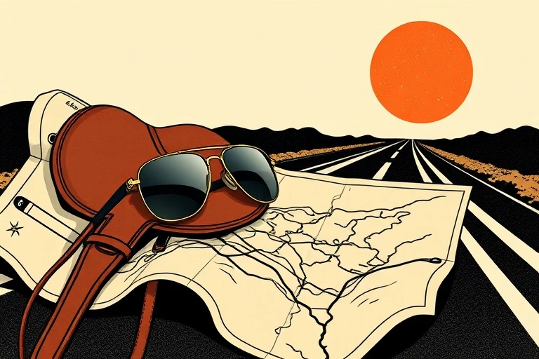 Ilustración pop art de gafas de aviador y una silla de montar sobre un mapa de carreteras, simbolizando la libertad y aventura del Caballo.