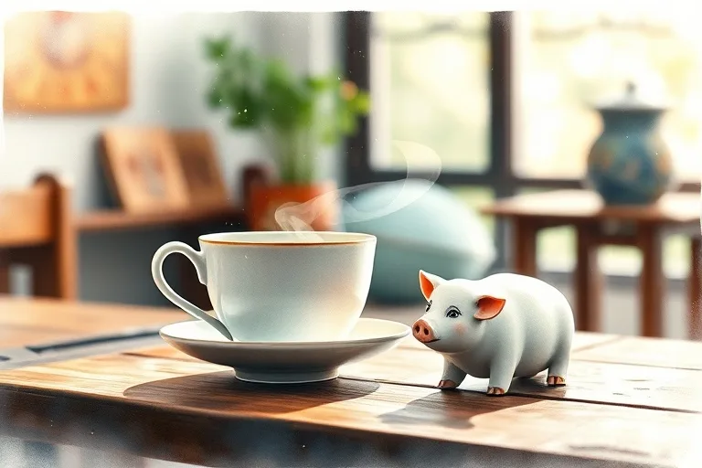 Pintura acuarela de una escena acogedora con una taza de té y una estatuilla de cerdo, simbolizando la generosidad y el confort.