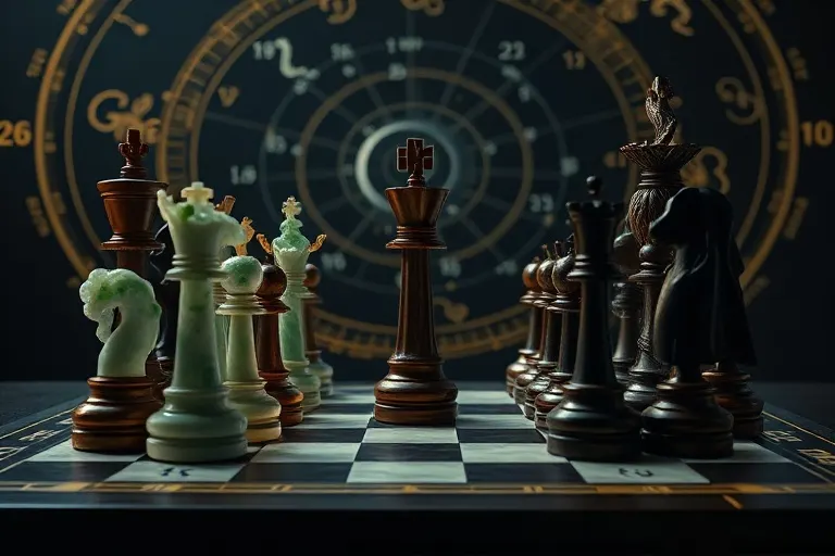 Piezas de ajedrez de jade y madera en un tablero, simbolizando la estrategia y el poder.