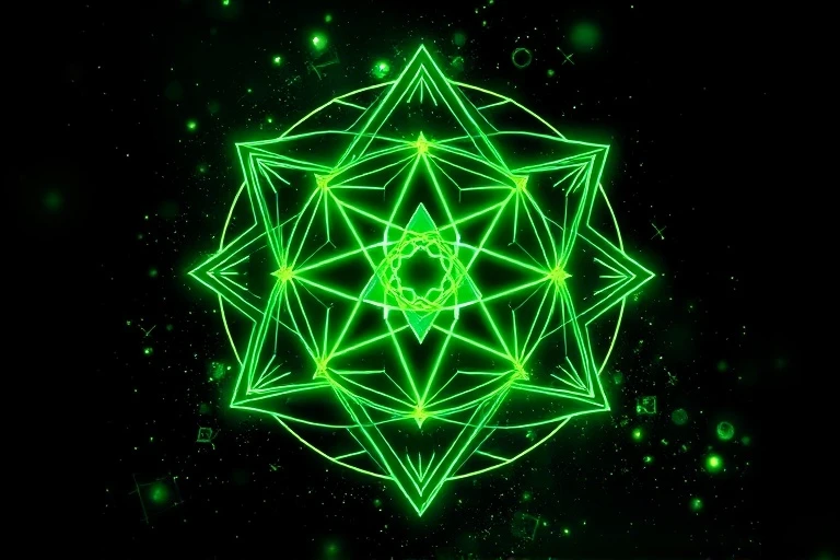 Ilustración digital de patrones geométricos entrelazados en verde y negro, con líneas brillantes.