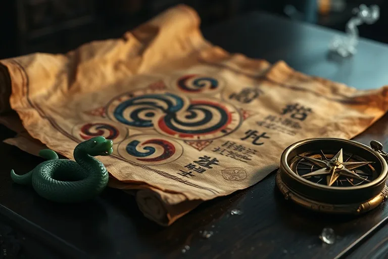 Bodegón cinematográfico de un antiguo pergamino con hexagramas del I Ching y símbolos elementales sobre una mesa de madera oscura, junto a una figura de serpiente de jade y un Luopan.