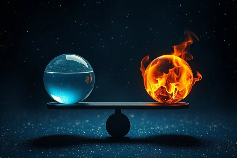 Arte conceptual abstracto de una balanza con una esfera de agua brillante en un lado y una esfera de fuego en el otro, perfectamente equilibradas en un espacio etéreo.