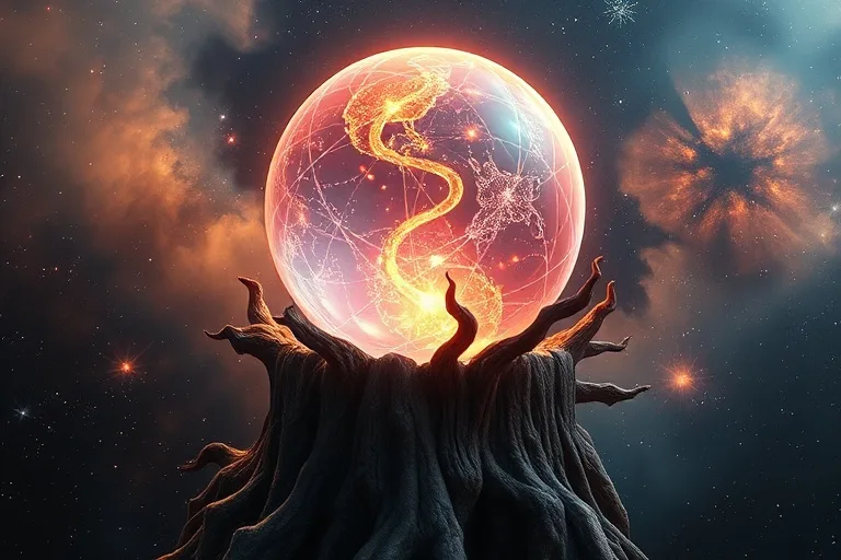 Ilustración digital 3D de una esfera de cristal brillante con hilos kármicos entrelazados, sobre un pedestal de raíces, con un fondo de nebulosa cósmica.