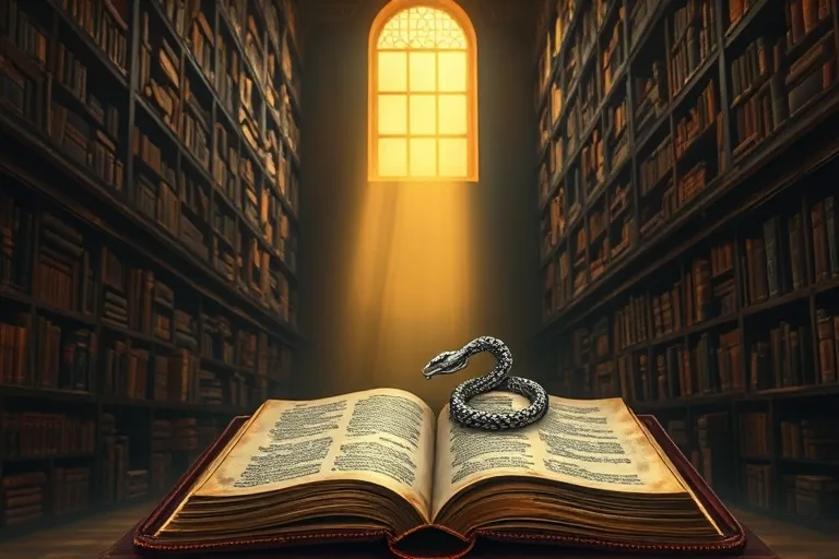 Pintura al óleo de una biblioteca antigua con un libro abierto en un atril, iluminado por un rayo de luz, con un marcapáginas de serpiente metálico, simbolizando sabiduría y conocimiento.