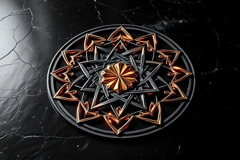 Ilustración 3D de dos patrones geométricos entrelazados, uno liso y otro con aristas, proyectando sombras contrastantes sobre una superficie de obsidiana pulida. Representan la armonía y el conflicto.