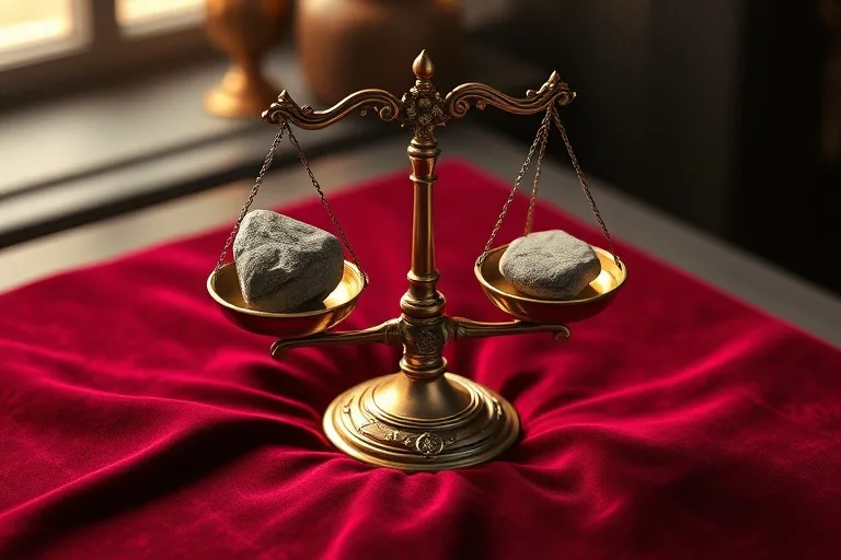 Fotografía cinematográfica de una balanza de latón antigua perfectamente equilibrada sobre un paño de terciopelo, con dos piedras de río pulidas de diferentes tamaños en cada platillo. La luz cálida resalta las texturas y el equilibrio.