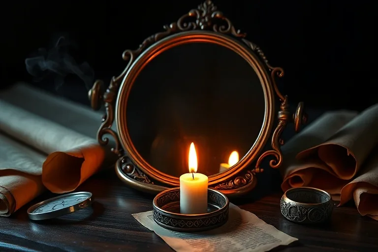 Fotografía cinematográfica de un espejo de bronce antiguo reflejando una vela, rodeado de pergaminos y una pulsera de plata, en una superficie de madera oscura