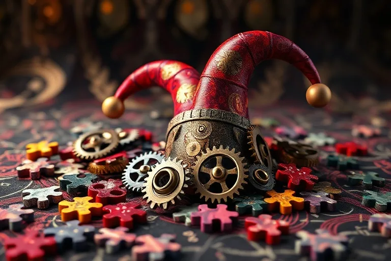 Renderizado 3D de engranajes mecánicos, piezas de rompecabezas coloridas y un gorro de bufón, dispuestos sobre una tela con patrones geométricos