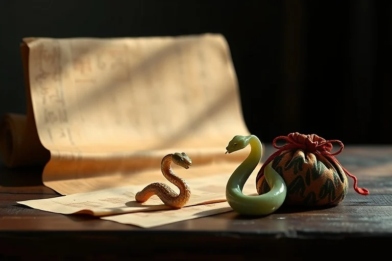 Una antigua pintura china de bambú desenrollada en una mesa de madera, con una figura de serpiente de jade y un bolso de seda con rayas de tigre.