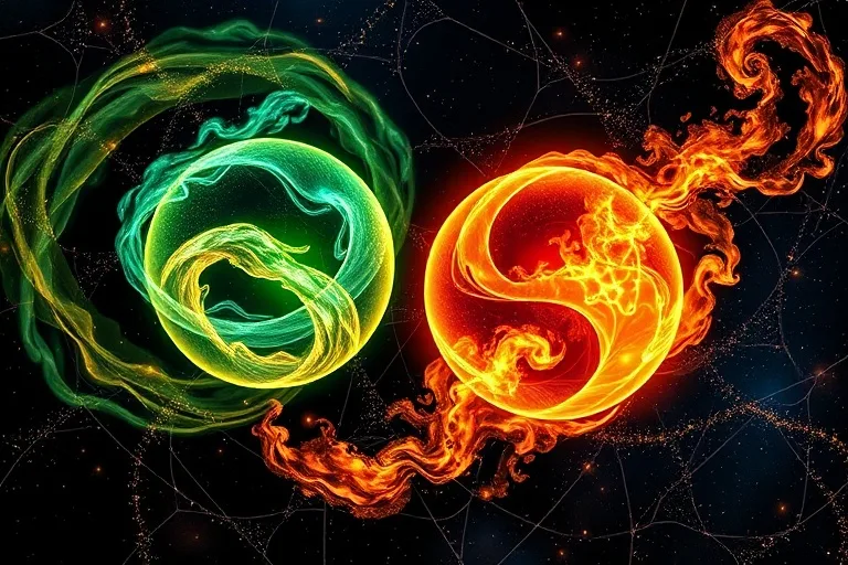 Dos esferas de energía, una verde sinuosa y otra naranja ardiente, flotando en una red cósmica abstracta con patrones de yin y yang.
