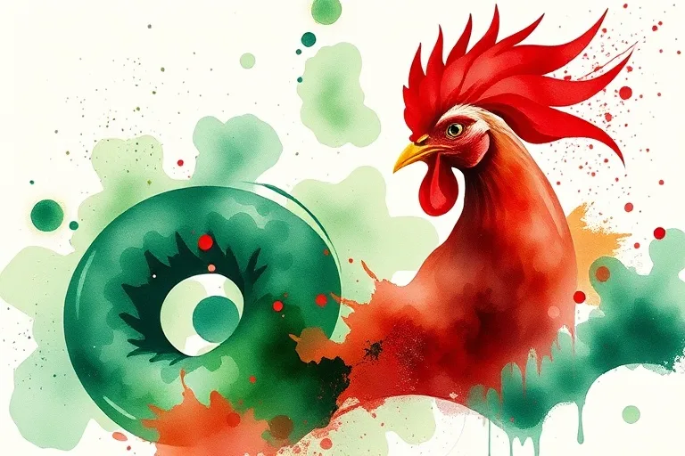 Pintura abstracta en acuarela con tonos verdes esmeralda y rojos carmesí, representando la intuición y la asertividad.