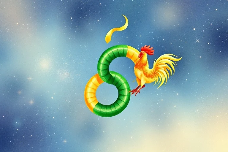 Pintura de acuarela de dos cintas, una verde esmeralda y otra amarilla dorada, entrelazadas en un nudo armonioso sobre un fondo celestial, simbolizando conexión y elegancia.