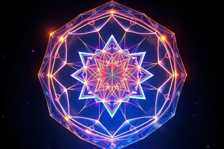 Formas geométricas de luz iridiscente superpuestas, creando un escudo abstracto de energía divina