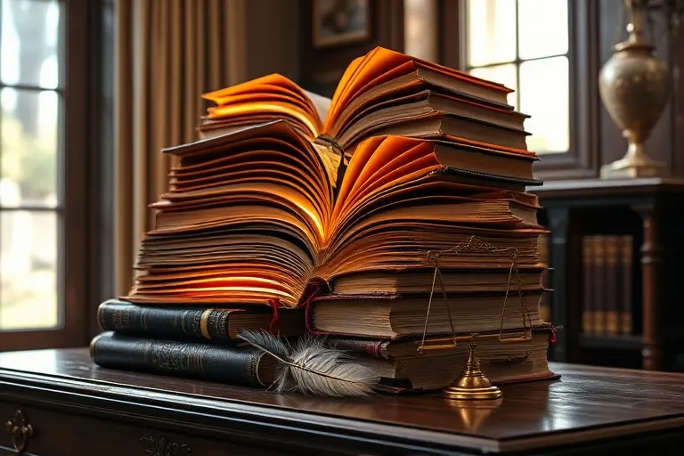 Arte conceptual, una pila de libros antiguos y abiertos con páginas brillantes, una pluma de ave y una delicada balanza descansando sobre un escritorio de madera pulida, iluminado por una suave luz natural que se filtra por una ventana.