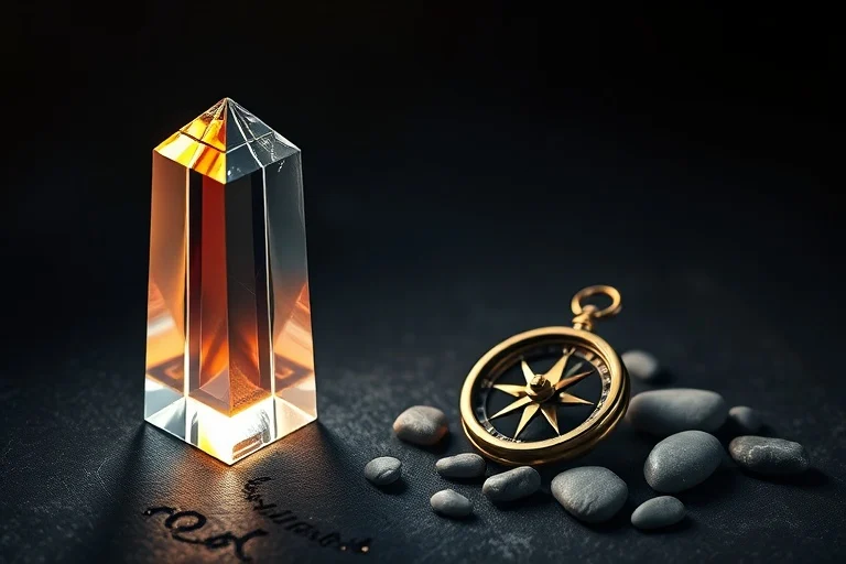 Cinematic still life, un prisma de cristal perfectamente claro que refracta la luz en un espectro de colores sobre una superficie oscura y texturizada. Junto a él, una brújula apuntando con precisión al norte, rodeada de piedras de río lisas y dispersas.