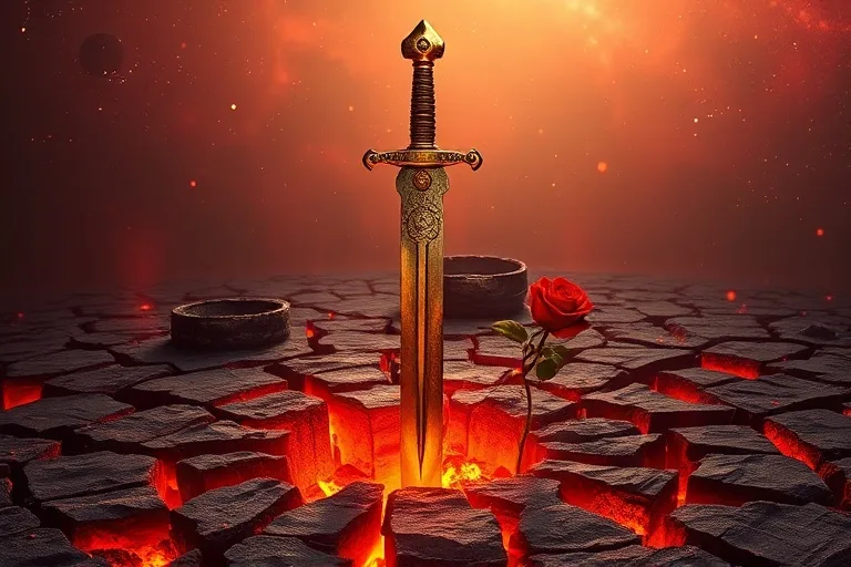 Render 3D de un gladius romano antiguo clavado en tierra quemada, con brasas incandescentes y una rosa roja desafiante.