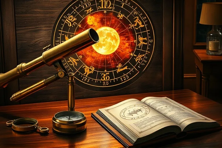 Bodegón cinematográfico de un telescopio de latón antiguo apuntando a un mapa celestial estilizado en un escritorio de madera, con una brújula y un libro abierto de símbolos astrológicos.