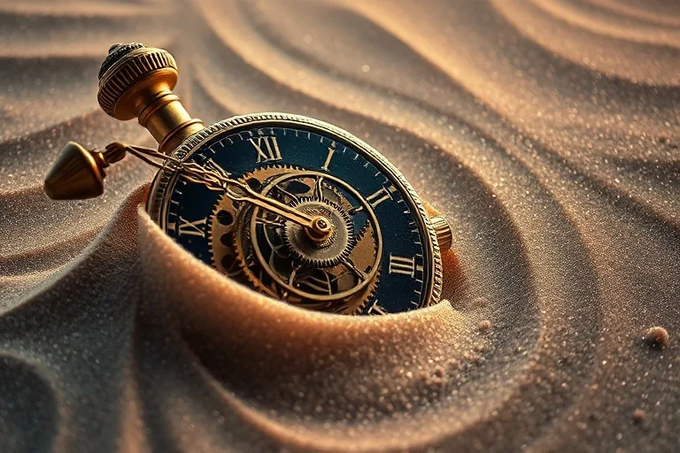 Fotografía surrealista de un mecanismo de reloj en arena, simbolizando la adaptabilidad y resiliencia del tiempo y los signos mutables.