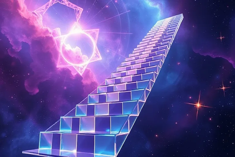 Render 3D conceptual de una escalera de cristal ascendiendo hacia una nebulosa, simbolizando el viaje de crecimiento personal y evolución espiritual.