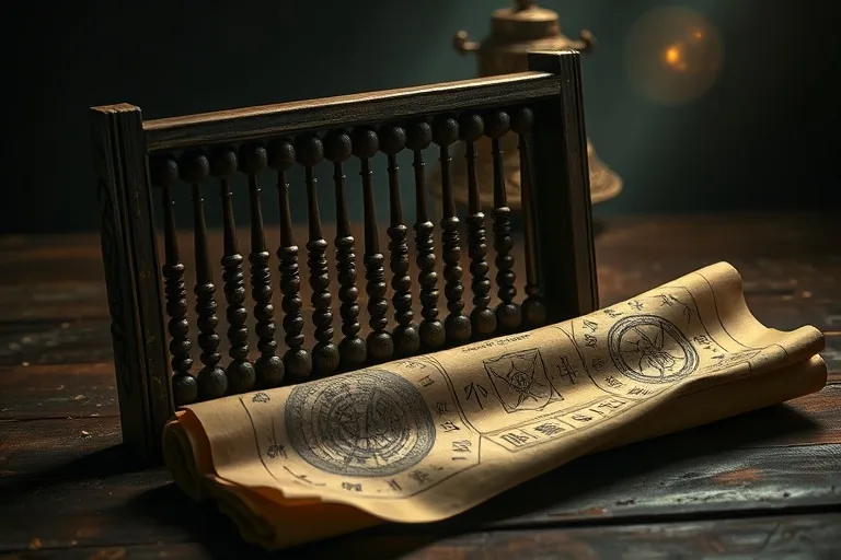 Fotografía cinematográfica de un ábaco chino antiguo con cuentas en patrones opuestos y un pergamino con cartas astrológicas descoloridas, iluminado por un brillo etéreo.