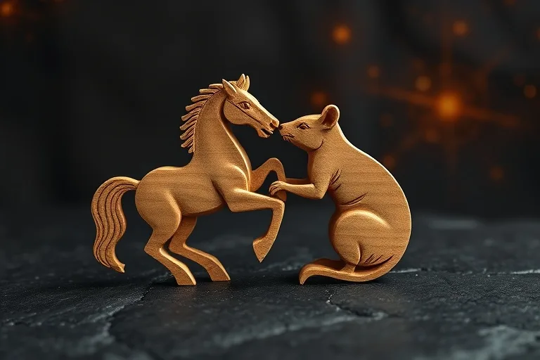 Arte conceptual de dos piezas de rompecabezas de madera intrincadamente talladas, una con un caballo y otra con una rata, encajando perfectamente sobre una superficie de piedra oscura.