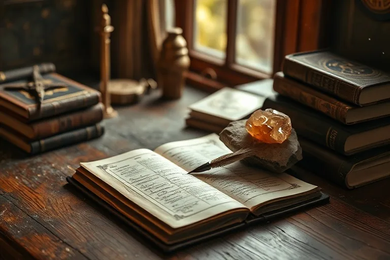 Fotografía cinematográfica de un escritorio antiguo y organizado con un diario de cuero, una pluma de ave, una geoda pulida y libros, con luz suave.