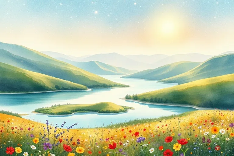 Pintura de acuarela de un paisaje sereno con colinas, un río tranquilo y un campo de flores silvestres bajo un sol suave y cálido.