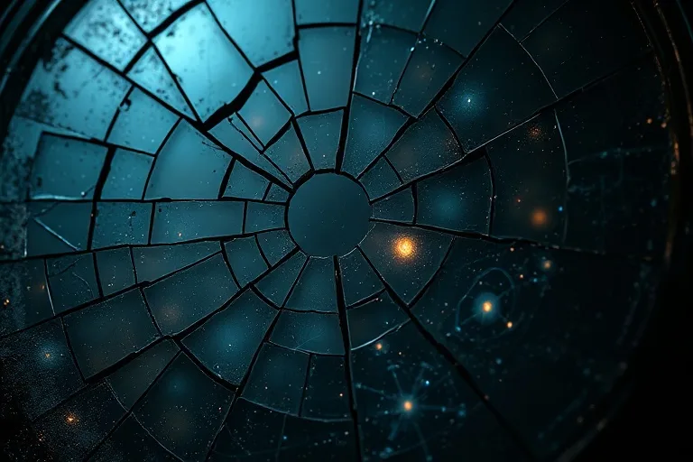 Bodegón cinematográfico de un espejo antiguo y agrietado, reflejando patrones abstractos de colores tenues, simbolizando la complejidad de las emociones internas.