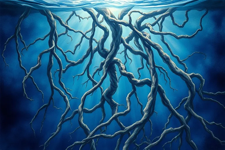 Pintura acuarela de un laberinto intrincado de raíces sumergidas en agua azul profundo, simbolizando las profundidades ocultas del subconsciente.