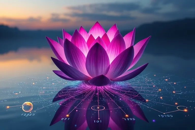 Una flor de loto vibrante y en flor emergiendo de un estanque tranquilo y reflectante, con sus raíces conectadas a una red de hilos etéreos y brillantes que representan energía cósmica.
