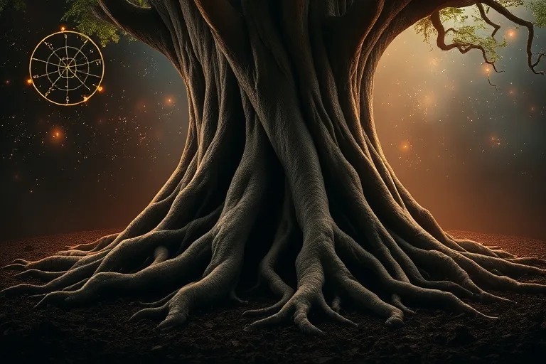 Arte conceptual de dos raíces de árboles entrelazadas que forman un tronco único y robusto, emergiendo de una tierra oscura, iluminadas por una luz suave.