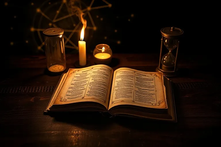 Fotografía vintage de un diario de cuero abierto, un reloj de arena y una vela encendida sobre una mesa de madera oscura, con iluminación dramática.