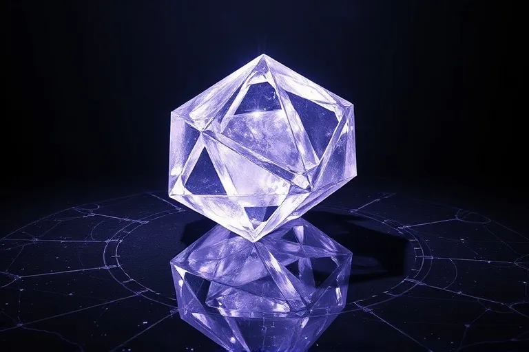 Renderizado 3D de dos formas geométricas de cristal translúcido entrelazadas, proyectando sombras intrincadas sobre una superficie reflectante, con luz difusa.