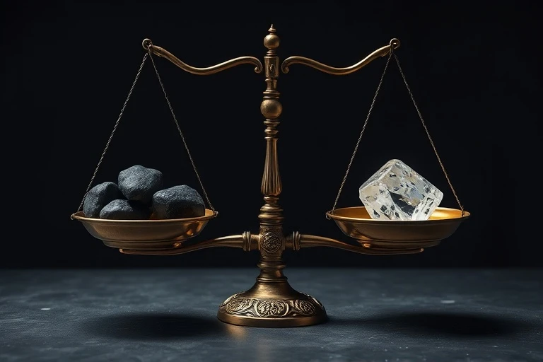 Arte conceptual de una balanza con piedras oscuras y un cristal brillante, simbolizando el equilibrio entre karma pasado y dharma futuro.