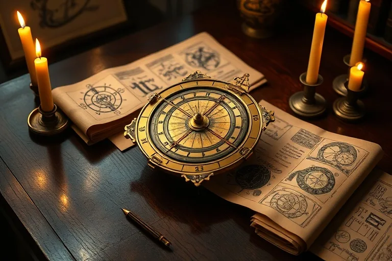 Fotografía cinematográfica de un astrolabio de latón antiguo sobre un escritorio de madera, rodeado de pergaminos con símbolos astrológicos y luz de velas.