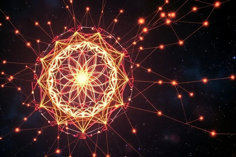 Arte conceptual abstracto de una red brillante de hilos de luz interconectados en un vacío cósmico oscuro, simbolizando la conexión y el destino.