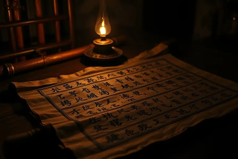 Antiguo pergamino de bambú con caracteres chinos desvanecidos, iluminado por una lámpara de aceite, simbolizando desafíos kármicos y el paso del tiempo.